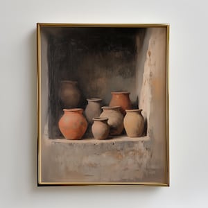 Artisan Pots, Earth Tones, Terracotta Vase Still Life PRINTABLE, pottery painting, natural tones art, potted plants art, farmhouse kitchen