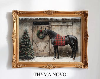 Rustic Library Horse Art Printable, British Country Decor Wall Print, Dark Horse in Tartan Blanket, Equestrian Winter Stable Scene Download