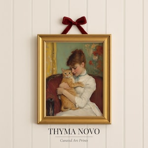 Lámina artística de mujer y gato atigrado, pintura para amantes de los gatos, decoración para rincón de lectura, estética Regencia, regalo para amantes de los gatos, decoración inspirada en Jane Austen, descarga de regalo de Bridgerton