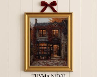 Rustic English Bookshop Print, Old-World Storefront Scene, antique bookshop art, Dark Academia Literary Decor for Book Lovers Download