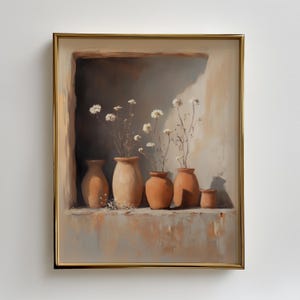 Clay Pot Still Life Printable Wall Art, Terracotta Pot Painting for Floating Shelf Decor, Cottagecore Earth Tone Digital Art Download