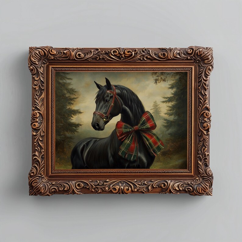 Equestrian portrait poster for study — classic artwork featuring a polished black steed with a delightful tartan accessory.