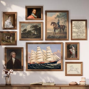 May include: A collection of framed vintage art prints, including portraits, landscapes, and a ship at sea. The frames are a warm brown color, and the artwork features a variety of subjects and styles, creating a gallery wall aesthetic.