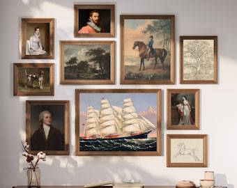 British Country Home Gallery Wall Art Set of 10, Equestrian Paintings and Tall Ship Art, English Manor Decor, Country Club Digital Download