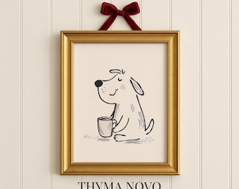 Minimalist Dog Print, Coffee Art Print, Funny Dog Lover Gift, Cafe Decor, Dog Nursery Theme, Kitchen Shelf Art, Breakfast Print DIGITAL