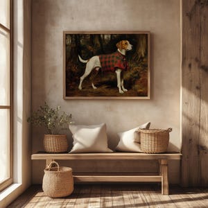 Standing foxhound oil painting for home office — vintage hunting vibe portrayed with natural detail and a rich earthy color scheme.