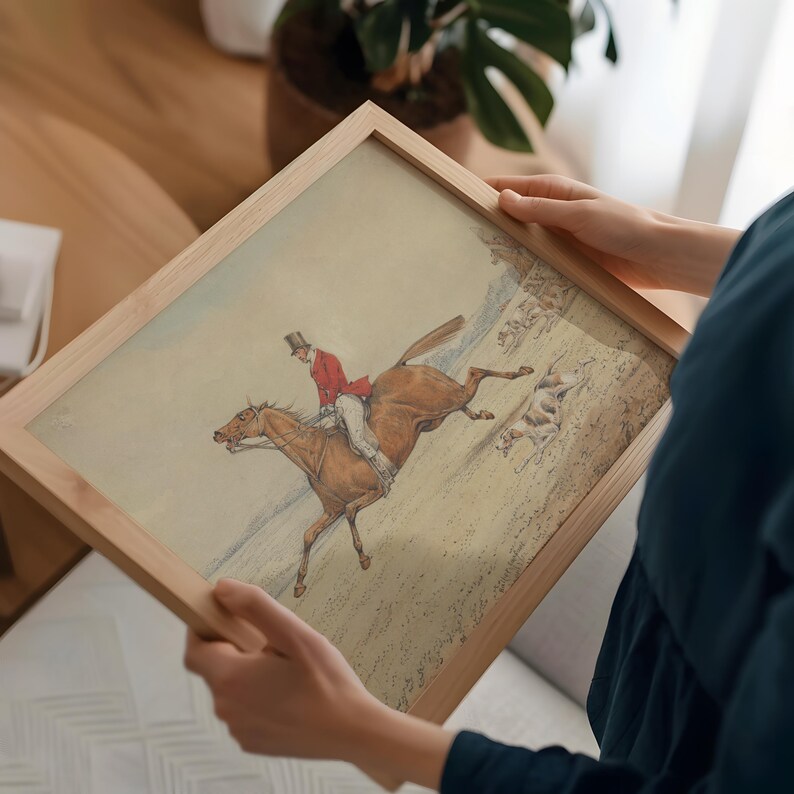 Mounted fox and hounds digital print for game room — rustic image blending sport and nature with a nostalgic feel.