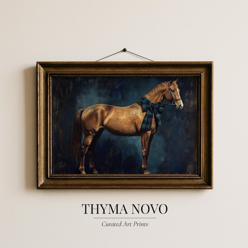 Full-profile horse art poster for hallway — elegant equestrian portrait with warm highlights showcasing the animal's sheen and musculature.