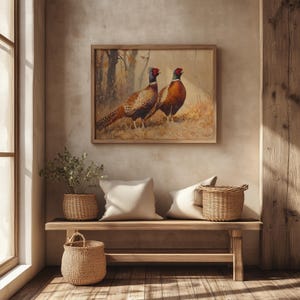 Pair of intricate ring-necked pheasants poster for lounge — naturalist aesthetic with detailed feathers and autumn hues for a cozy appeal.