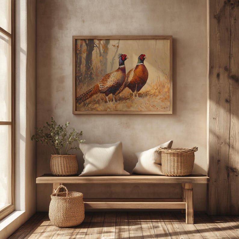 Pair of intricate ring-necked pheasants poster for lounge — naturalist aesthetic with detailed feathers and autumn hues for a cozy appeal.