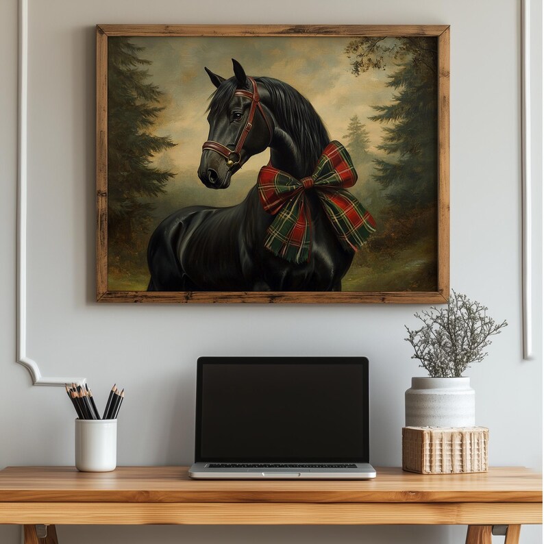 Moody horse artwork for living space — gorgeous portrait showcasing a sleek black equine with a leather halter in soft colors.
