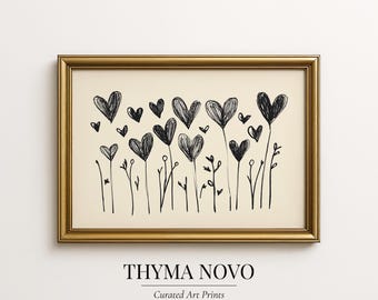 Minimalist Hand Drawn Heart Pencil Line Art, Wedding Wall Decor, Partner Present Valentine's Day Gift, Black and White Downloadable Prints