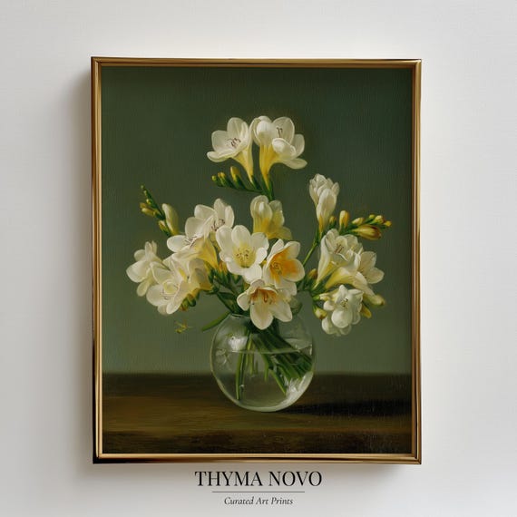 Freesia Flower, Antique Botanicals, Aesthetic Green Art, Moody
