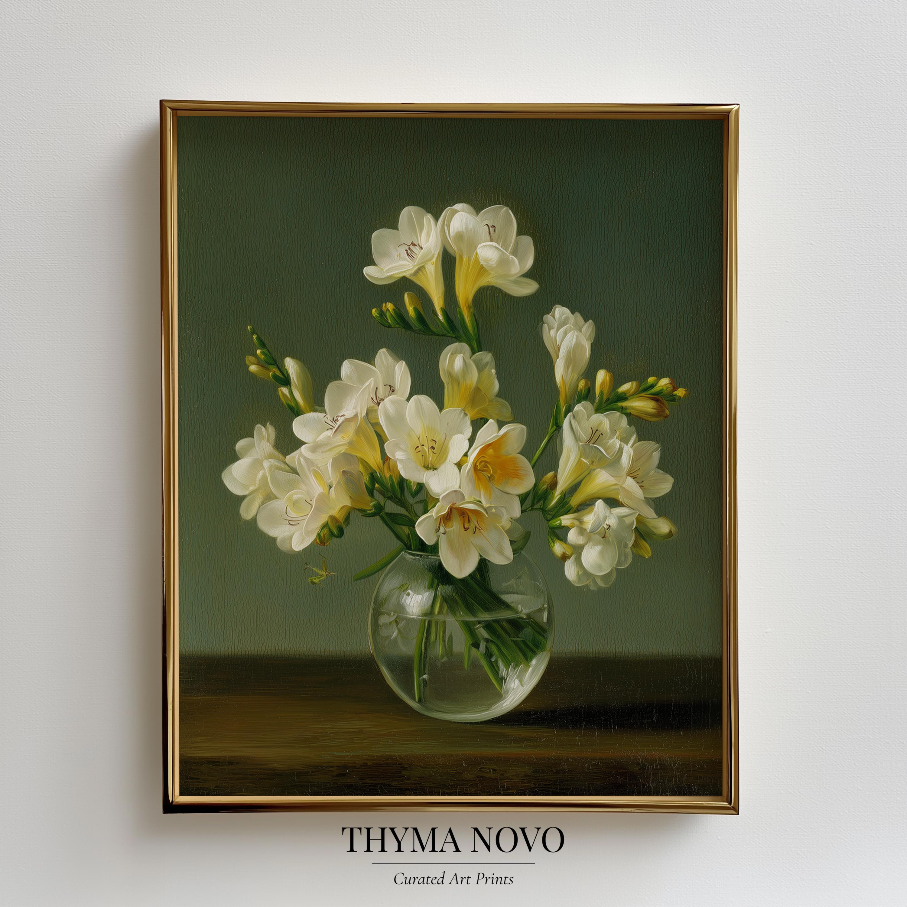 Freesia Flower, Antique Botanicals, Aesthetic Green Art, Moody