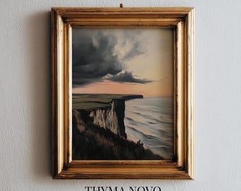 Moody Coastal Cliff Seascape Print, Printable Vintage Seaside Art, Stormy Ocean Waves, English Coast Decor, Dramatic Landscape Download