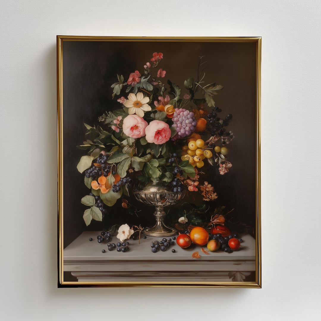 Vintage Floral Still Life Print - Classic Romantic Decor, Lush Bouquet ...