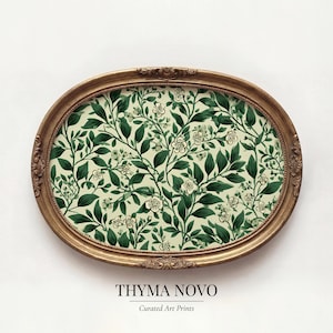 Peut inclure: Un cadre ovale doré orné contenant une impression d'art botanique avec des feuilles vert foncé et de petites fleurs blanches sur fond crème. Sous le cadre, le texte indique THYMA NOVO Curated Art Prints en lettres noires.