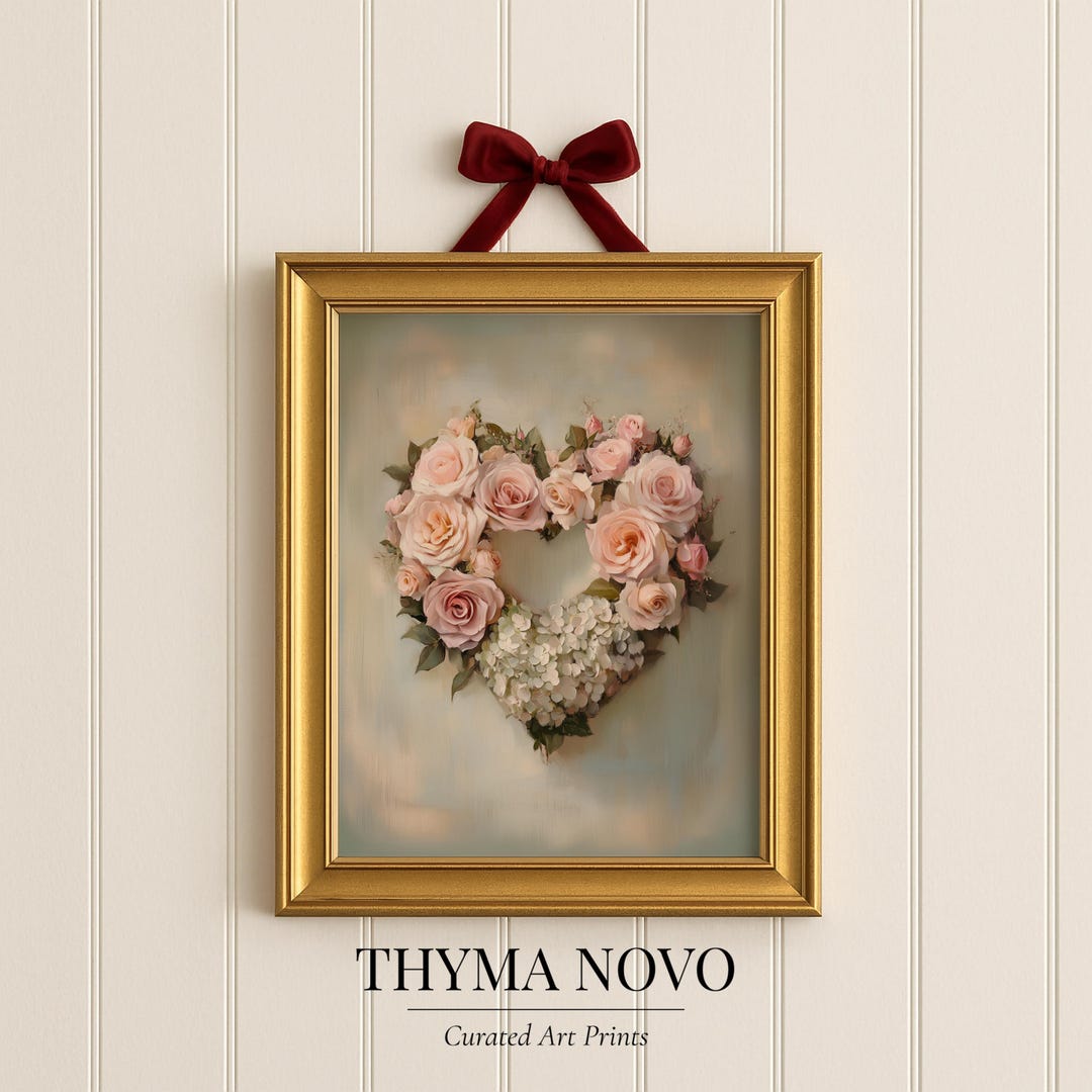 Printable Romantic Floral Heart Wreath Art - Vintage Cottagecore Roses ...