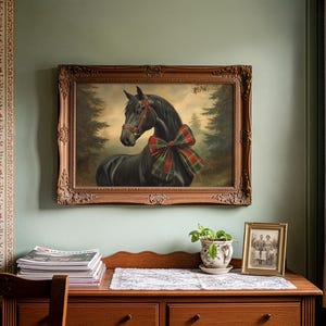 Black horse art print for gallery wall — intricate portrait capturing a festive mood with muted forest tones and classic elegance.