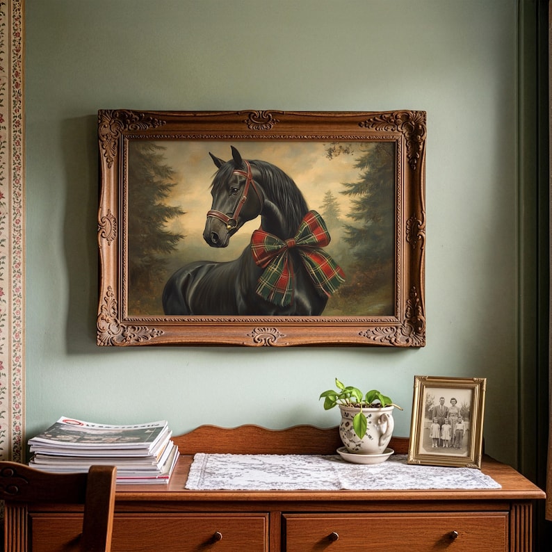 Black horse art print for gallery wall — intricate portrait capturing a festive mood with muted forest tones and classic elegance.
