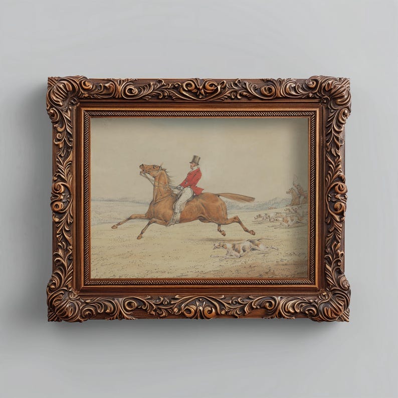 Antique sporting art digital download for bedroom — charming watercolor featuring a rider in a red coat and playful hounds.