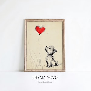 Playful puppy artwork for playroom — unique cushiony design with charming strokes and a whimsical heart balloon accent.