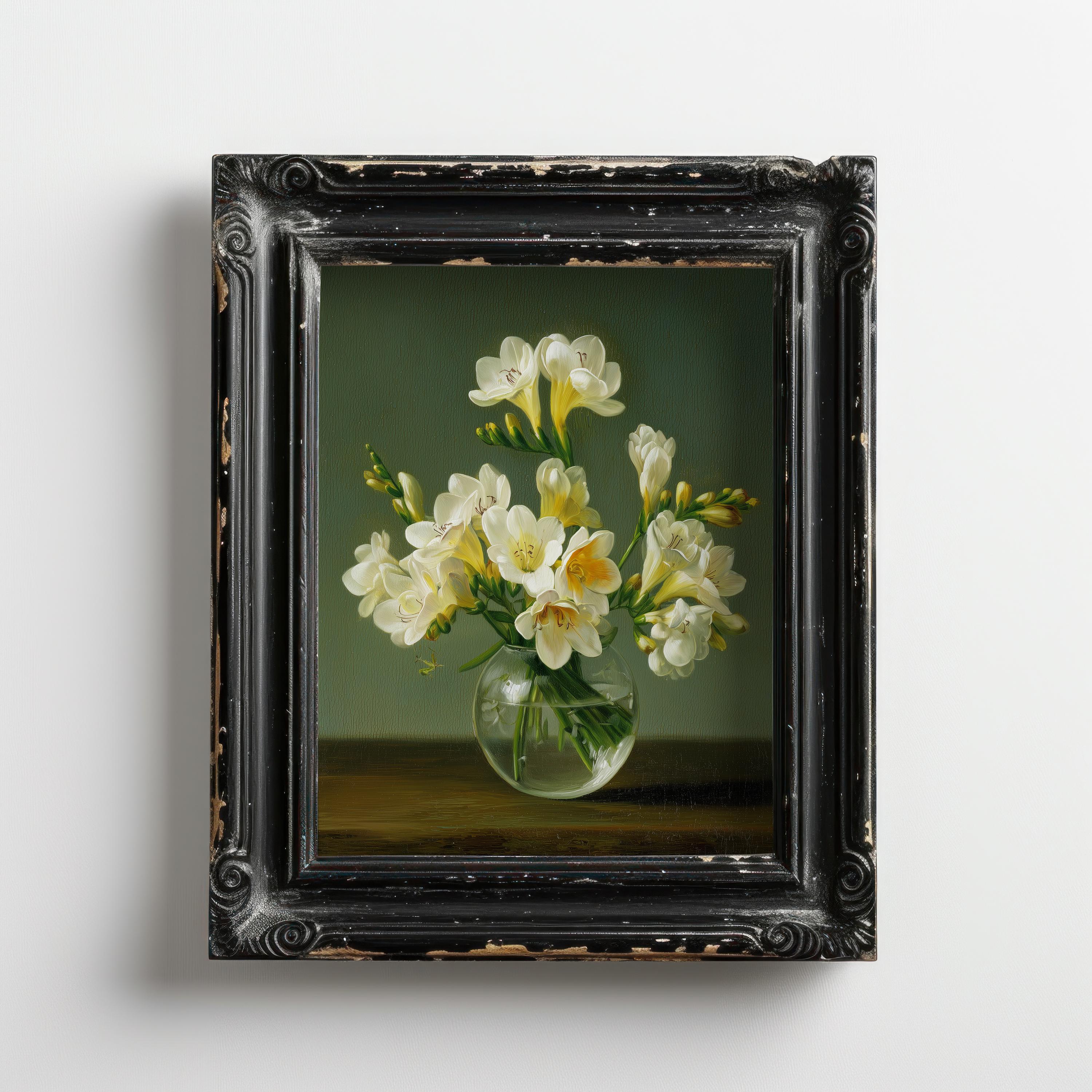 Freesia Flower, Antique Botanicals, Aesthetic Green Art, Moody