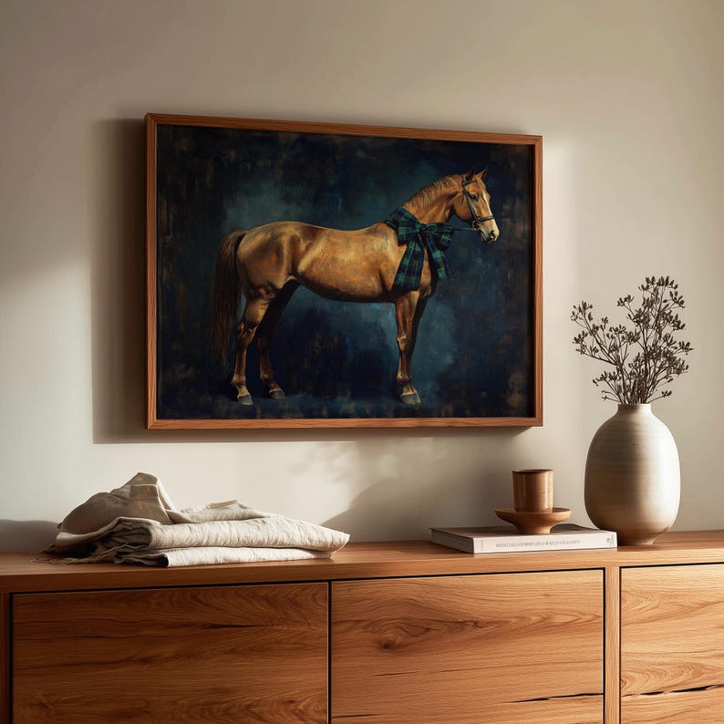 Equestrian painting printable art for den — classic horse featured in a refined old-master style against a textured backdrop.
