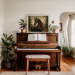 Tartan-bowed horse wall decor for modern farmhouse — classic portrait with soft landscape effects that enhance its antique feel.
