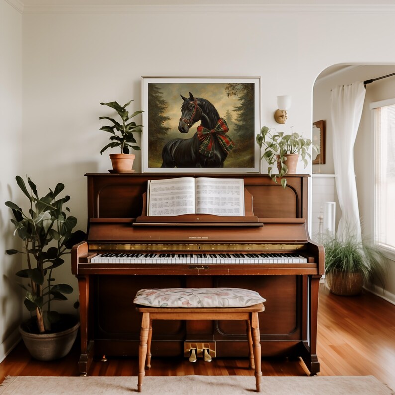 Tartan-bowed horse wall decor for modern farmhouse — classic portrait with soft landscape effects that enhance its antique feel.