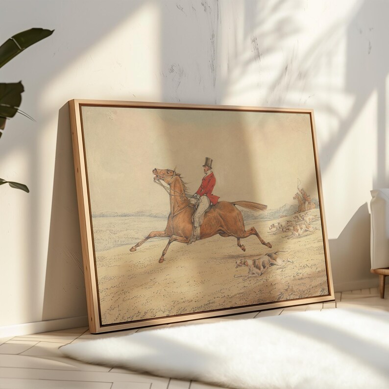 Mounted fox hunter digital print for study — vintage sporting art with muted tones and a dynamic equestrian scene.