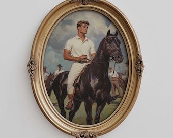 Luxe wanddecoratie voor polospelers, polopaardprint, poloposter, ruiterportret, sportkunst, Ralph Lauren, decoratie in de stijl van 'Old Money'. DOWNLOAD