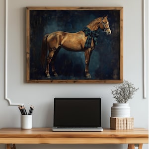 Richly textured horse painting for office — vintage-inspired wall art spotlighting a chestnut horse with graceful formality.