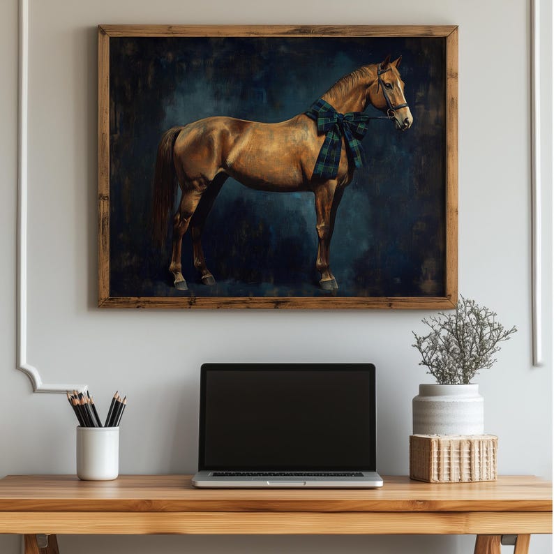 Richly textured horse painting for office — vintage-inspired wall art spotlighting a chestnut horse with graceful formality.