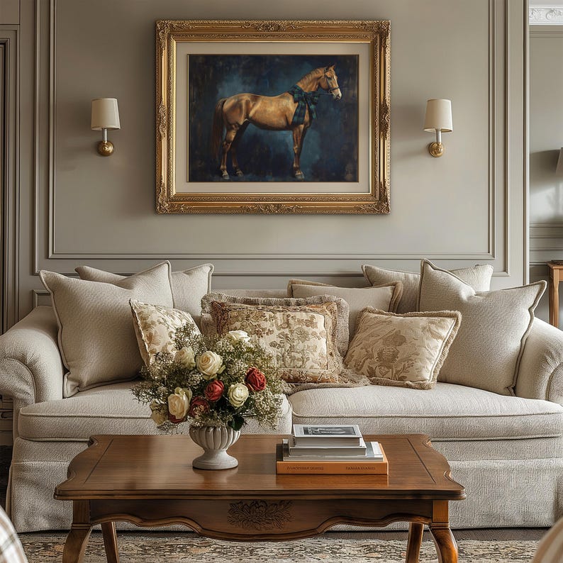 Full-profile equestrian wall art for foyer — dramatic painting of a brown horse exuding a refined and moody atmosphere.