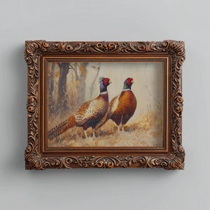 Colorful standing pheasants wall art for farmhouse — rustic charm with intricate detailing and gentle diffused lighting, perfect nature theme.
