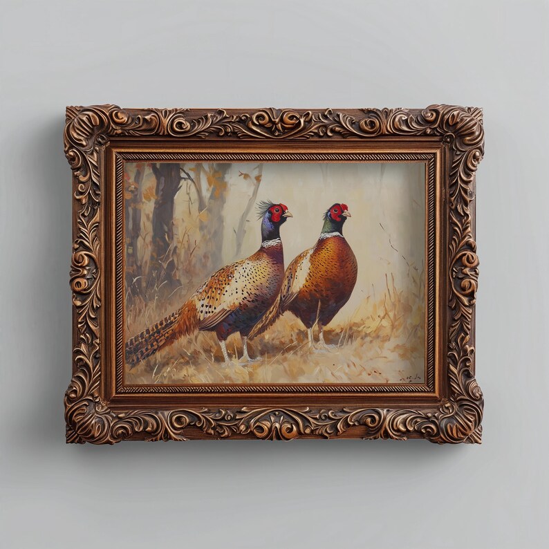 Colorful standing pheasants wall art for farmhouse — rustic charm with intricate detailing and gentle diffused lighting, perfect nature theme.