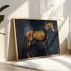 Chestnut brown horse wall art for home office — vintage portrait with rich teal ribbon and moody blue-green background.