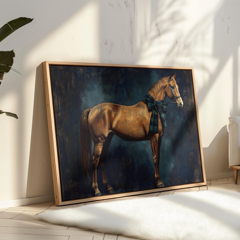 Chestnut brown horse wall art for home office — vintage portrait with rich teal ribbon and moody blue-green background.