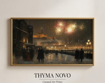 Moody Vintage Edinburgh Castle at Night Frame TV Art, Festive Nightscape with Fireworks, Romantic Digital Download for Frame TV Decor