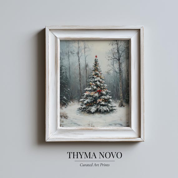 Weihnachtsbaum mit roter Schleife (Kunstdruck), verschneiter Tannenwald (Kunst), winterliche Weihnachtsdekoration (Wanddeko), Gemälde „Schneefall im Wald“, digitaler Download