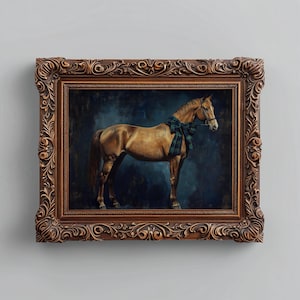 Classic horse portrait wall art for study — richly painted piece emphasizing the refined atmosphere and deep blue-green tones.