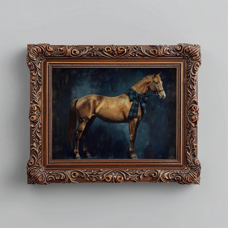 Classic horse portrait wall art for study — richly painted piece emphasizing the refined atmosphere and deep blue-green tones.
