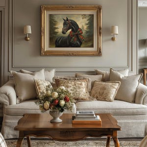 Elegant horse portrait poster for reading nook — realistic artwork featuring a glossy steed with vintage charm and warm details.