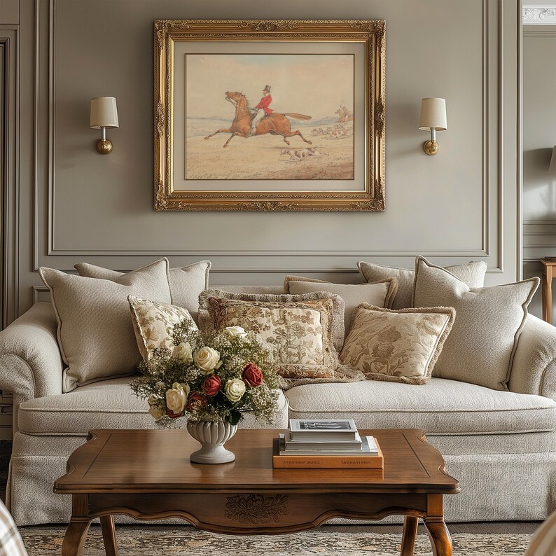 Hand-tinted fox hunter artwork for home office — serene countryside landscape with a rider and pack of hounds in classic style.