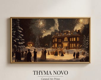 May include: A framed print of a winter scene with a large house, fireworks, and people in formal attire. The artwork has a gold frame and the text "THYMA NOVO Curated Art Prints" at the bottom.