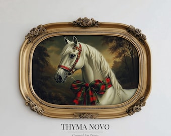 White Horse Antique Oil Painting, Tartan Bow Equestrian Art, Ralph Lauren Style, Old Money Christmas, Equestrian Gift Downloadable Print