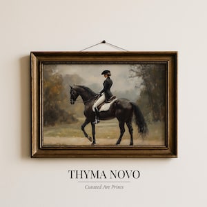 Elegant Equestrian Portrait Printable - Vintage Moody Horseback Rider Art, Classic Woman on Black Horse, Traditional Digital Painting