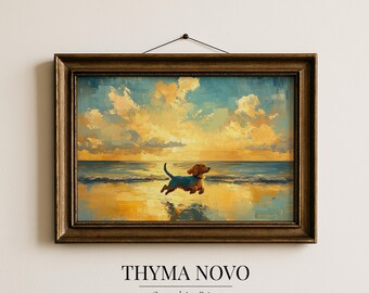 Vintage Sunset Dachshund on Beach - Playful Dog Coastal Scene, Warm Golden Tones, Retro Pet Printable Art, Oil Style Digital Download