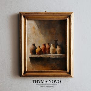 May include: A framed art print depicting a still life of earthenware vases in various shades of brown and orange, displayed on a stone shelf. The artwork is set against a textured, neutral-toned backdrop, with the text "THYMA NOVO" and "Curated Art Prints" at the bottom.